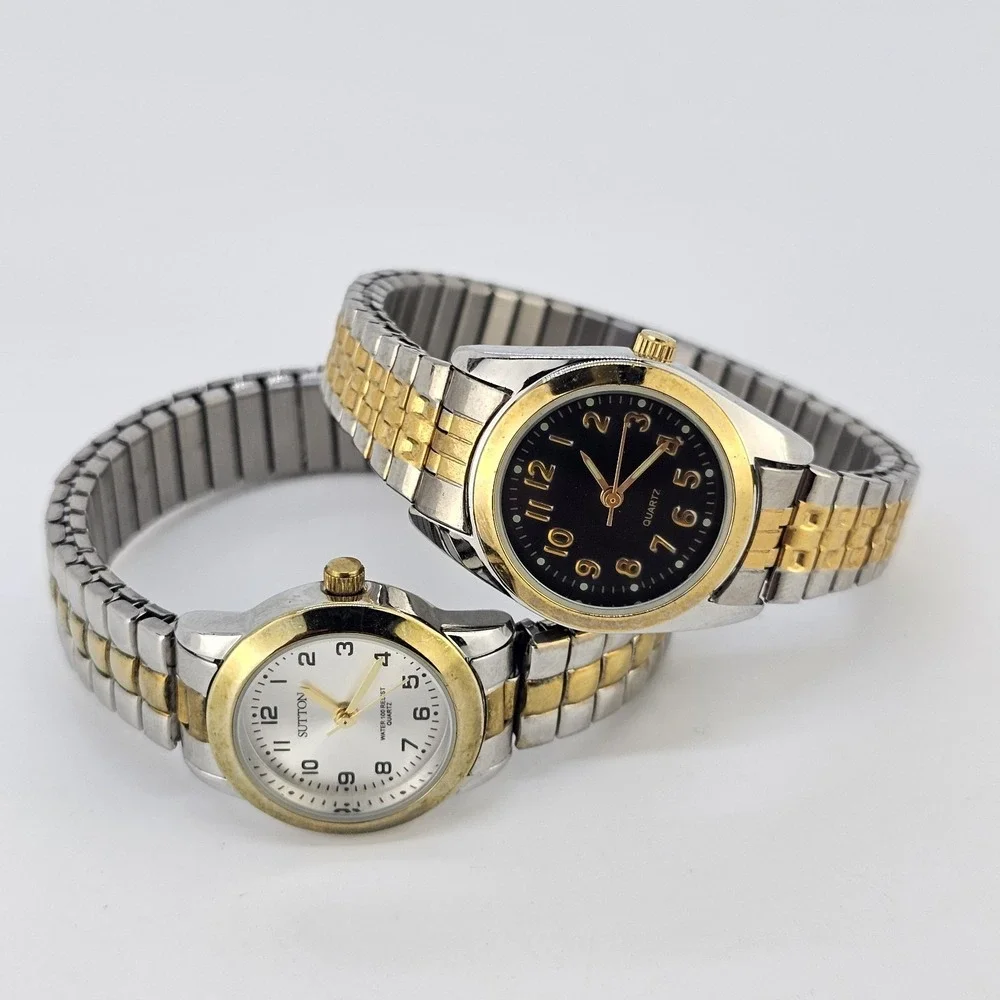 2X Women's Watches 24-25MM Gray Black Dial Two‎ Tone Bracelet 6.25
